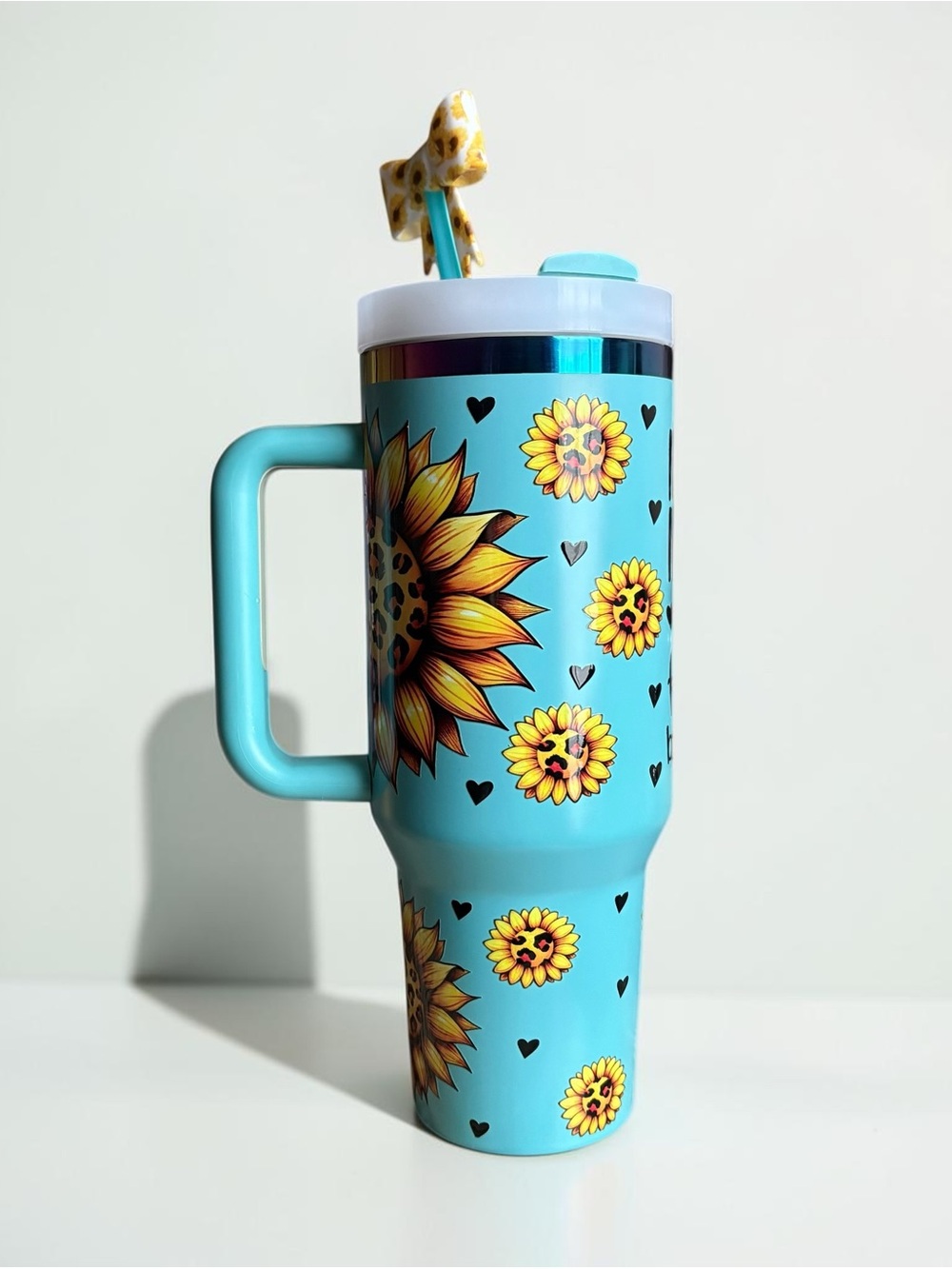 NEW 40 oz Handmade Sunflower Tumbler with Handle, Straw & Bow Topper - Picture 3 of 4